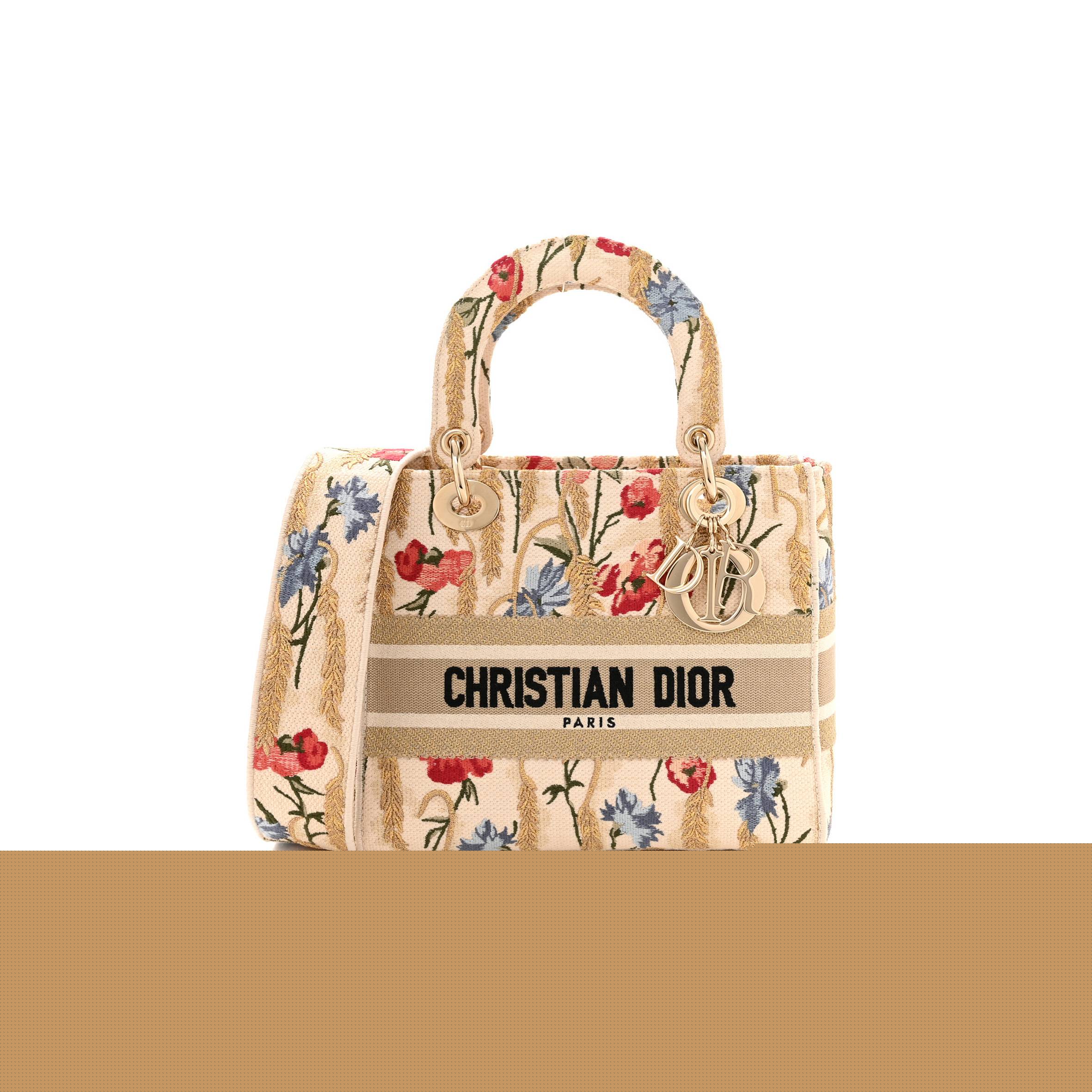 D*or canvas embroidered hibiscus printed medium lady d-lite beige multicolor (23*20*11.4cm)