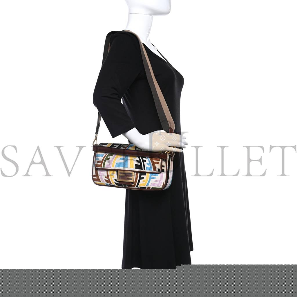 F**di x sara coleman canvas vitello king seta ff fish eye embroidered baguette grezzo multicolor ghianda (28*16*6cm)